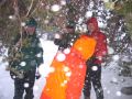We shelter from the weather under a clump of trees (Duane, Patrick, Rob, with Rebecca entering)